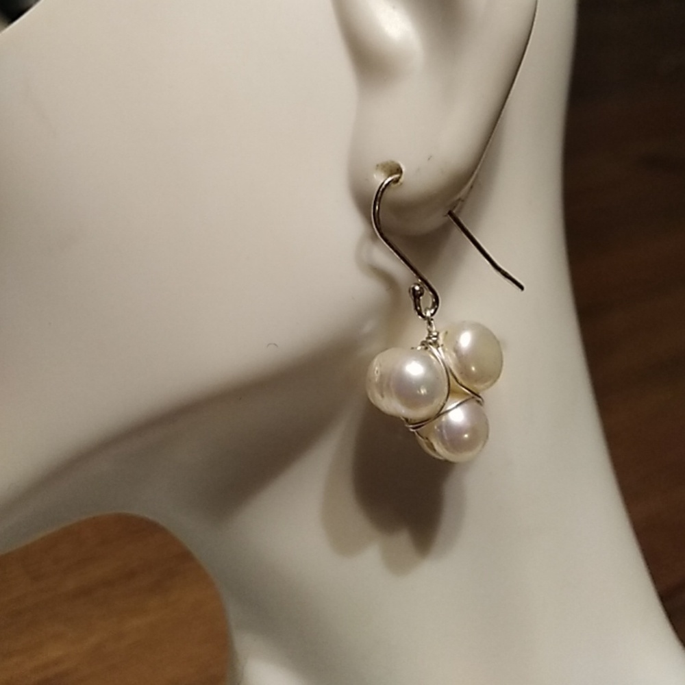 Genuine Pearl wire wrap earrings Sterling Silver